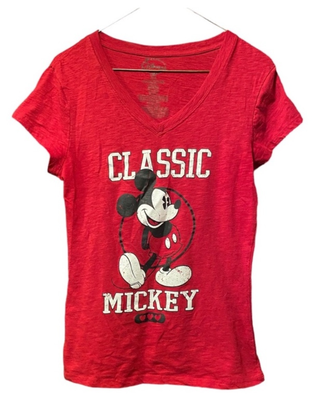Disney Classic Mickey Mouse Red Graphic V-Neck Tee Shirt Women’s